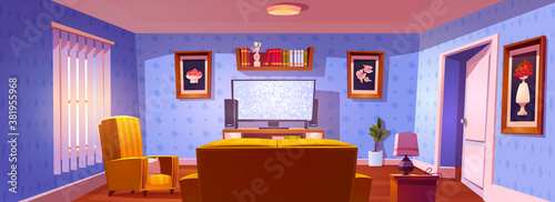 Living room interior with rear view to sofa, chair and glowing tv screen. Vector cartoon illustration of lounge room with yellow couch, plasma television, bookshelves and pictures on wall