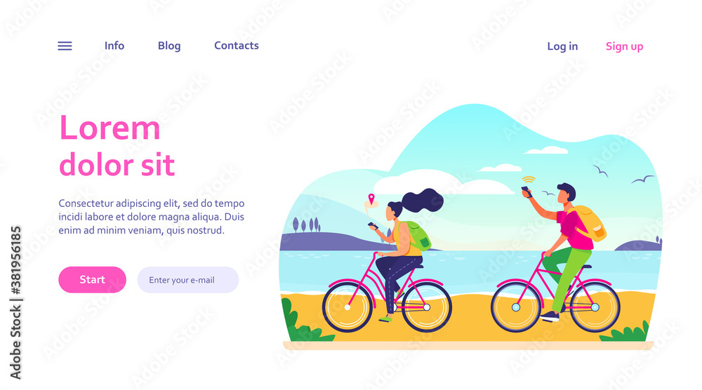 Fototapeta premium Young people cycling and using smartphones. Navigation, bicycle, network flat vector illustration. Travel and communication concept for banner, website design or landing web page