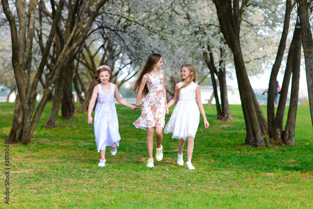 Three beautiful girls in retro dresses for a walk in a flowered garden. The idea and concept of a friendly family and a happy childhood. Three beautiful girls in retro dresses for a walk in a flowered garden. The idea and concept of a friendly family and a happy childhood.