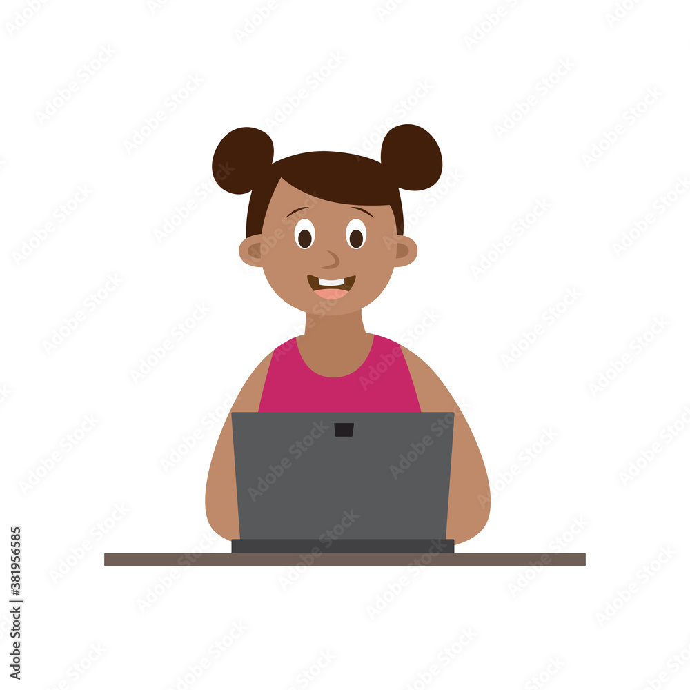 Teenage girl sitting at laptop and studying flat vector illustration isolated. Teenage girl sitting at laptop and studying flat vector illustration isolated.