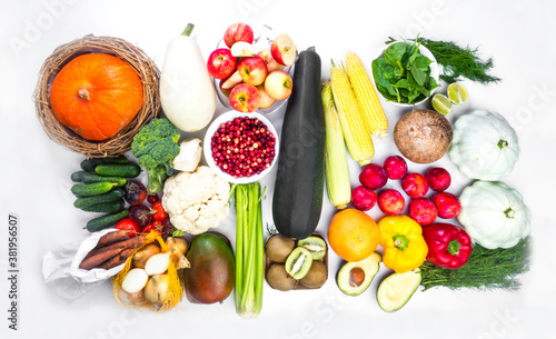 Composition with assortment of organic vegetables and fruit