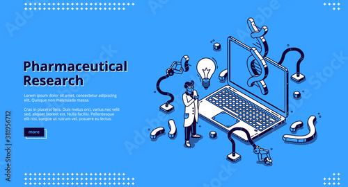 Pharmaceutical research isometric landing page. Scientist in white robe and glowing light bulb stand at huge laptop with robotics arms assembly Dna projection in lab, 3d vector line art web banner