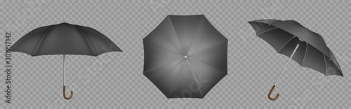 Black umbrella, parasol top, side and front view. Waterproof accessories for rainy autumn weather, design element isolated on transparent background. Realistic 3d vector illustration, icons set