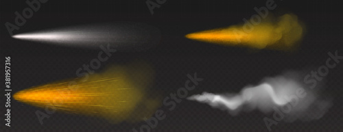Dust spray, gold and white smoke, powder or water drops trail with particles. Flow mist, smoky stream, aroma or toxic clouds, steaming chemincal vapour, realistic 3d vector isolated haze mockup set