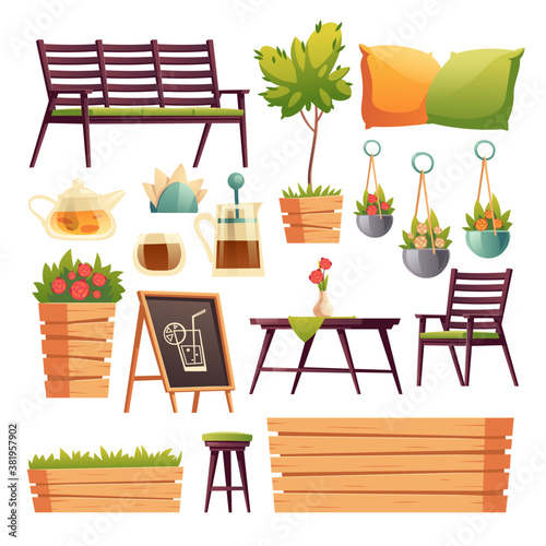 Cafe or restaurant terrace with wooden bar counter, seats, flowers and plants. Vector cartoon set of furniture for outdoor cafeteria, chair, bench, table, tea pot and cup isolated on white background
