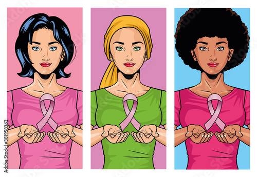 breast cancer awareness month with group of interracial girls lifting pink ribbon
