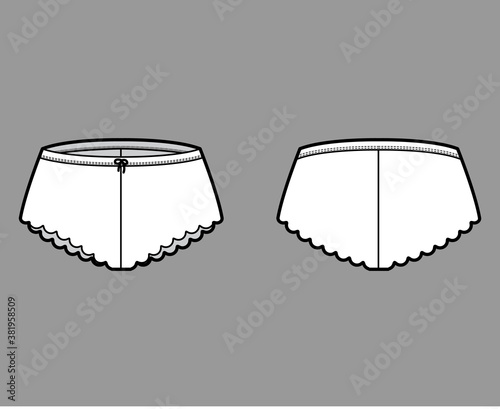 French knickers technical fashion illustration with scalloped edge, elastic waistband. Flat Mini-short panties briefs lingerie template front, back, white color. Women men unisex underwear CAD mockup