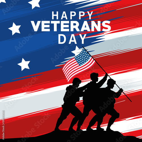 happy veterans day celebration with soldiers lifting usa flag in pole in flag background