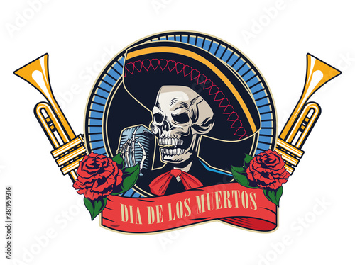dia de los muertos poster with mariachi skull and trumpets