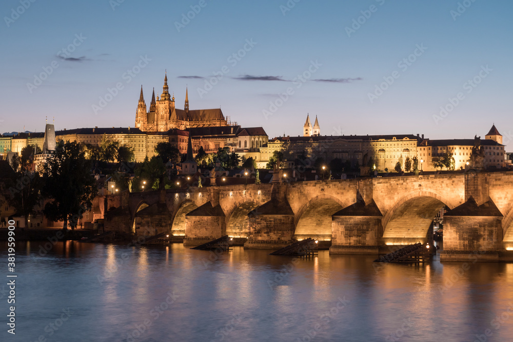 Prague Charles Bridge and  St Vitus Cathedral in Twilight at Dusk