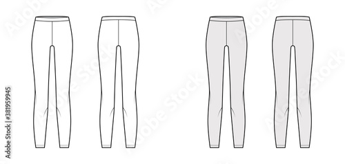 Leggins technical fashion illustration with elastic waistband. Flat sport training slim pants, casual knit trousers template front, back, white grey color. Women men unisex yoga fitness gym CAD mockup