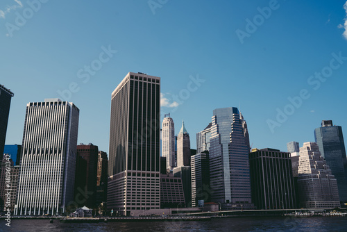 Modern skyscrapers near river in New York City