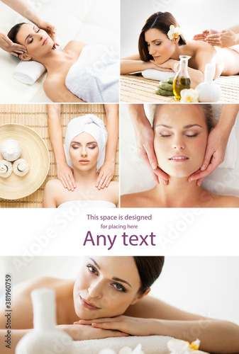 Young and beautiful women in spa. Collage of different images.