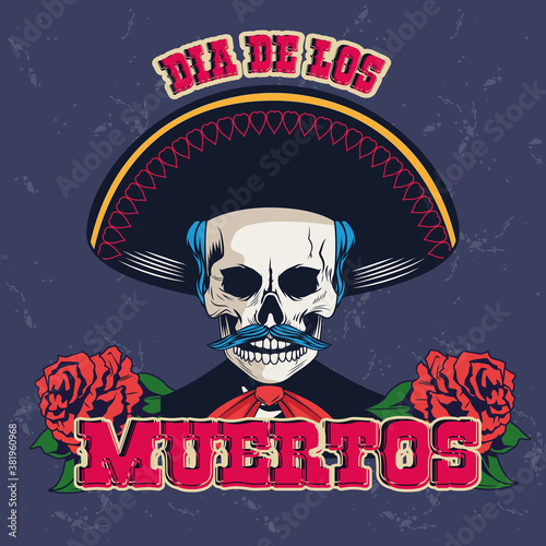 dia de los muertos poster with mariachi skull and roses flowers