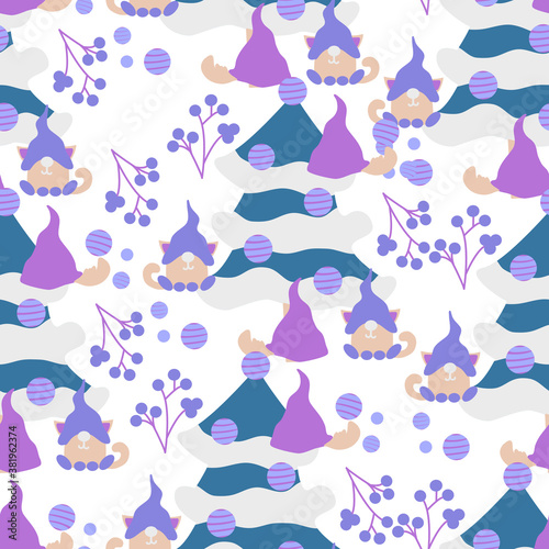 Cute vector gnomes in a Christmas decor, seamless pattern design