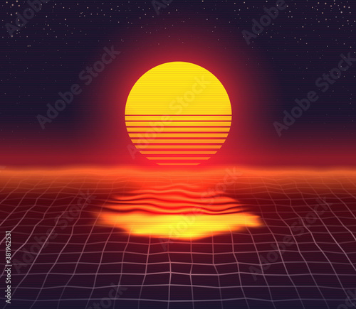 Retro 80s Futuristic Sunset Design. Grid Water Surface Bright Sun Over Horizon and Its Reflection