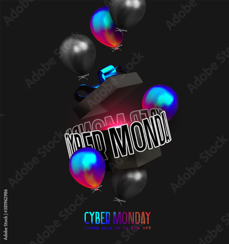 Cyber monday Sale. Realistic design open empty gift box. Kinetic negative space distortion text. Festive background with helium balloons. Poster, banner for advertising. Cover and brochure, card flyer