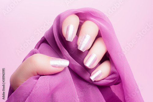 shiny pink nails manicure