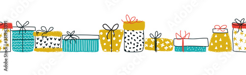 Seamless vector border with gift boxes. Illustration in the scandinavian style hand drawing. Yellow, blue, and red colors. Concept for gift wrapping, greeting cards, banners.