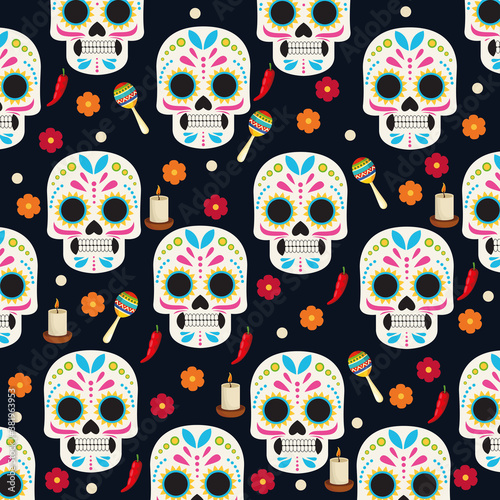 dia de los muertos celebration poster with skulls heads and flowers group pattern
