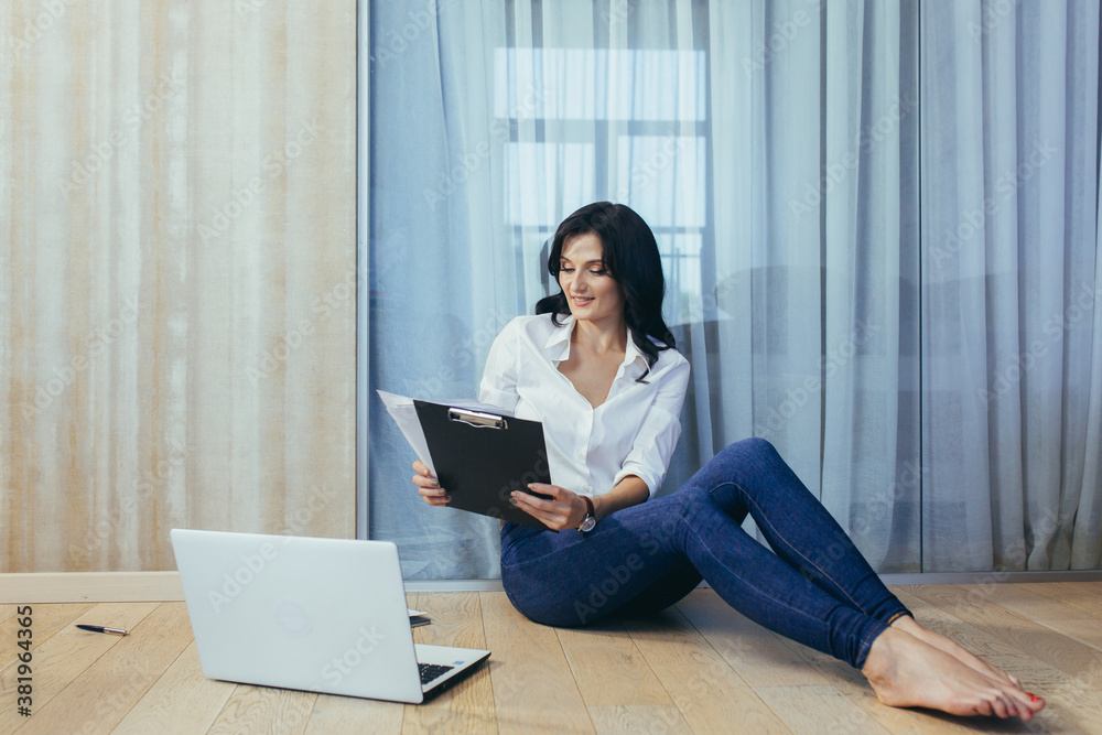 Businesswoman with laptop work home Businesswoman with laptop work home