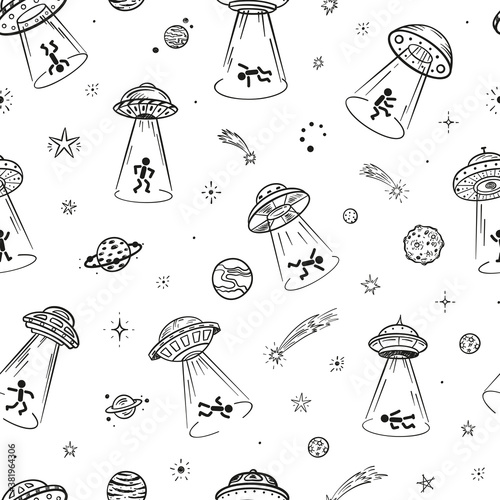 UFO Abducts Humans - Space Vector Seamless Pattern. Men Taken Away by ufo. Flying Saucer Kidnaps People Repeat Background. Stick man figures