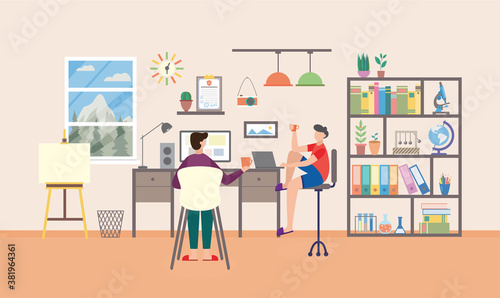 Two teenagers sitting in study room and studying, flat vector illustration.