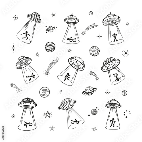 UFO Abducts Humans - Space Vector Icon Set. Man Taken Away by ufo. Flying Saucer Kidnaps People. Stick man figures