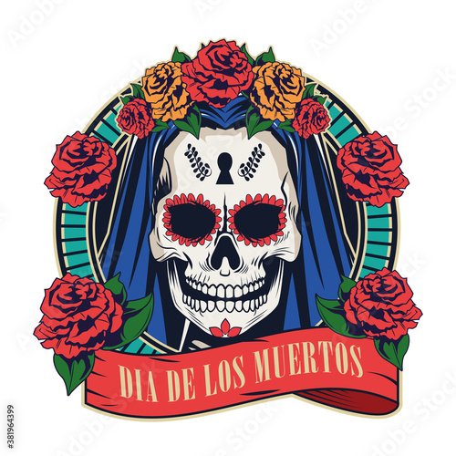 dia de los muertos celebration with woman skull in red ribbon frame