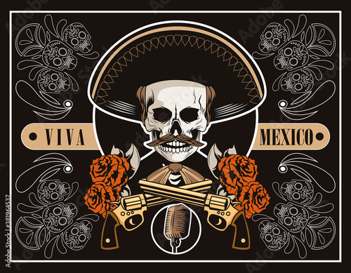 dia de los muertos poster with mariachi skull and guns crossed in brown poster