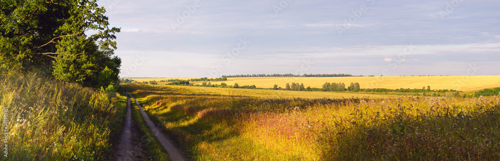 Sunset landscape with rural road and golden fields