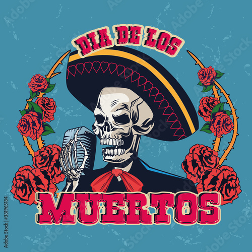 dia de los muertos poster with mariachi skull singing with microphone and roses
