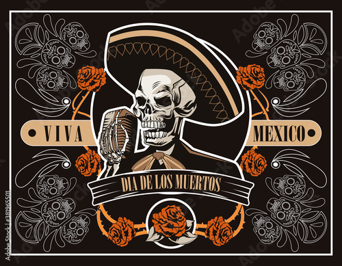 dia de los muertos poster with mariachi skull singing with microphone in brown poster