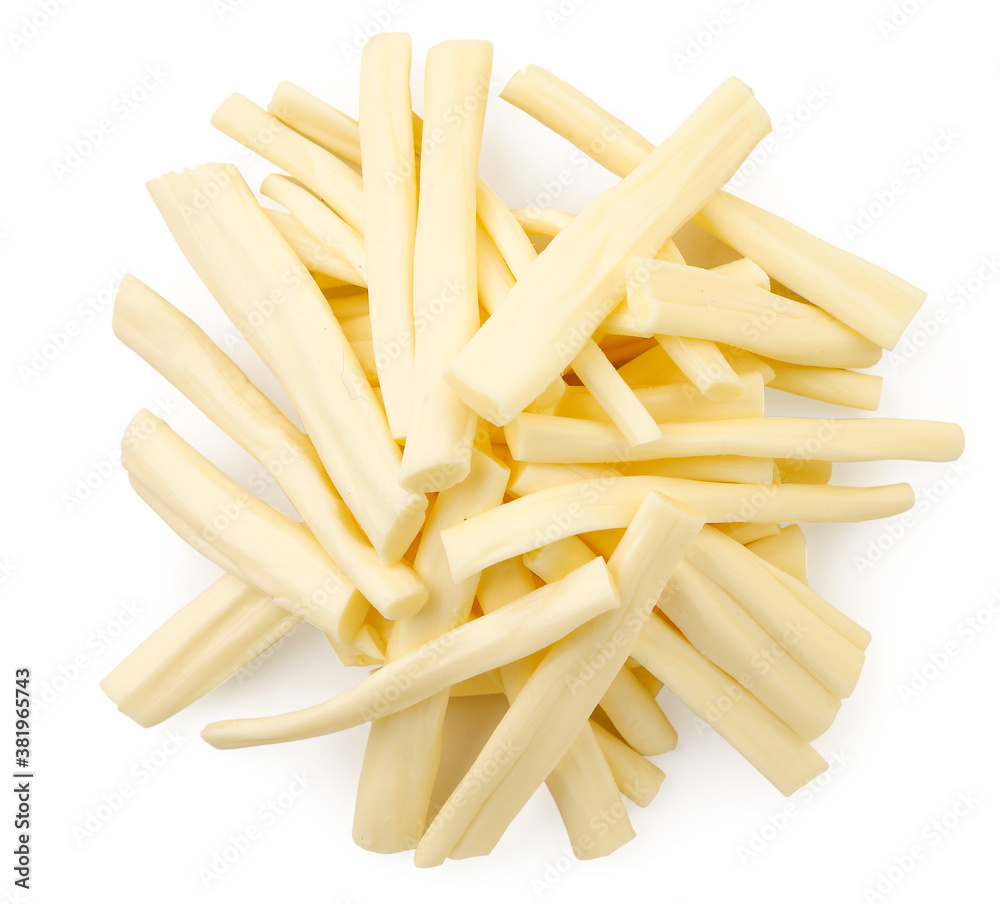 Heap of suluguni cheese on white background, isolated. Top view Heap of suluguni cheese on white background, isolated. Top view