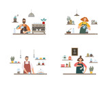 Baristas making coffee at bar counter a set of vector isolated illustrations