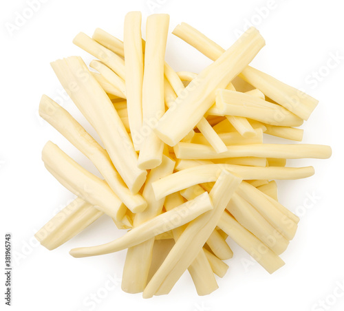 Heap of suluguni cheese on white background, isolated. Top view photo