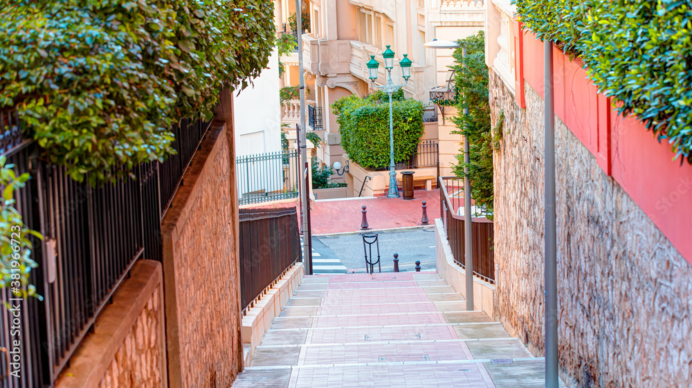 Long stairs with too many steps in Monte-Carlo - Monaco, French Riviera - France