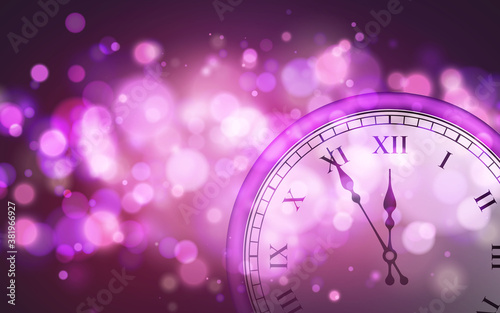 New Year poster with old circle clock and bright bokeh effect. Festive magic luminous background. Holiday design for Christmas. Vector illustration