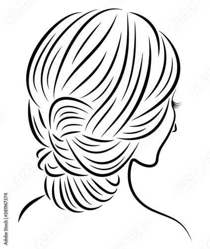 Silhouette of the head of a cute lady. The girl demonstrates her hairstyle stoves for long and medium hair. Suitable for logo, advertising. Vector illustration. © Nataliia