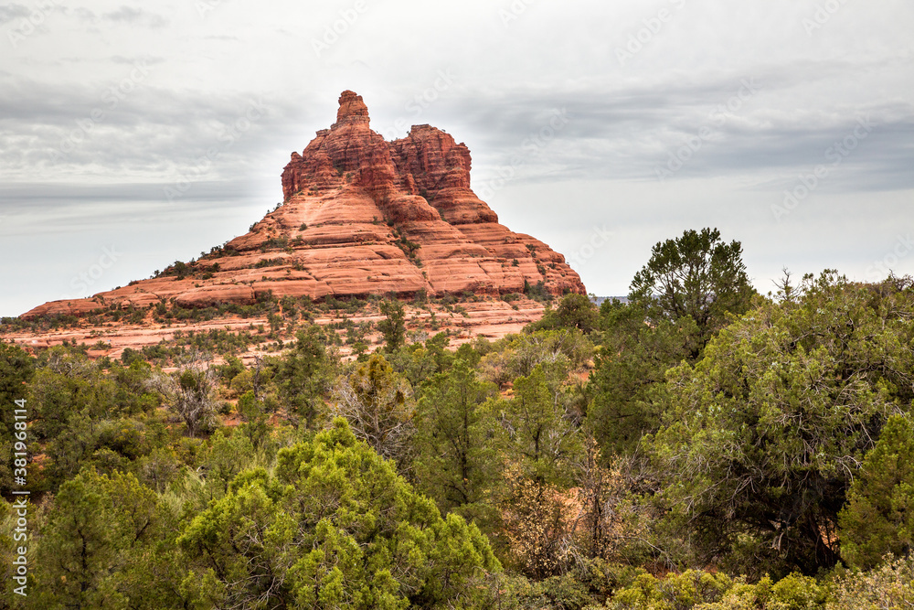 Juniper trees and a formation of  huge red sandstone rocks outside the city of Sedona, Arizona.