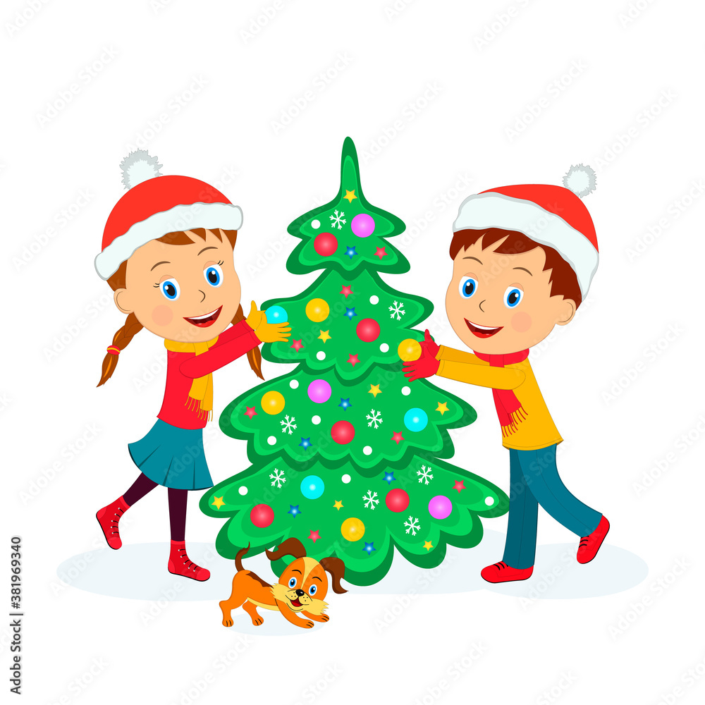 kids,boy and girl decorate Christmas tree on the white dackground, illustration,vector kids,boy and girl decorate Christmas tree on the white dackground, illustration,vector