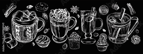 Vector graphics. Illustrations in the style of linear drawing. Black and white graphics. Croissants, various pastries, cakes, coffee donuts and mulled wine. Images for menus and banners.