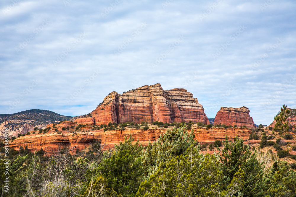 Juniper trees and a formation of  huge red sandstone rocks  under a buttermilk sky, outside the city of Sedona, Arizona