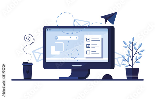 Banner illustration of email marketing. Workplace at home, in the office. Computer, PC. Paper airplane. Completed application form for the site. Filling out documents. Monitor screen. Blue. Eps 10