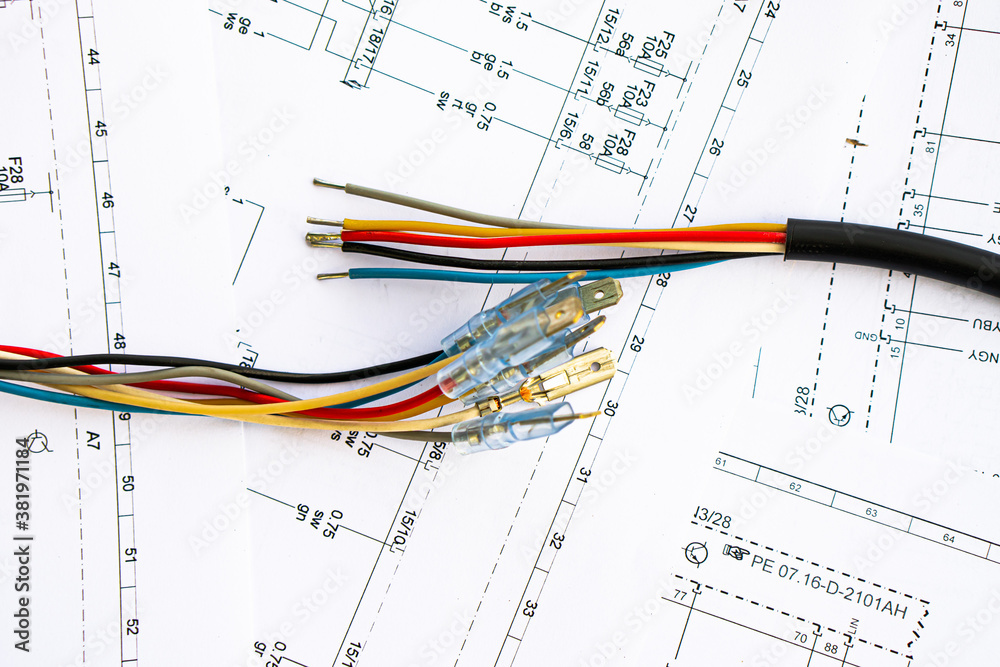 electrical wires with terminals lie on electrical circuits Stock Photo Adobe Stock