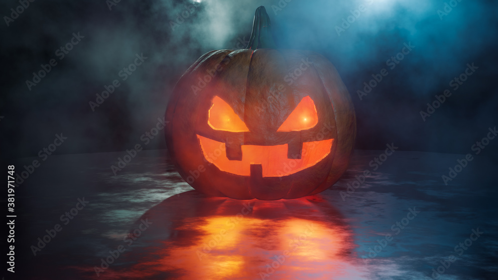 Fantasy scene of a pumpkin on the imperfect ground with reflection. Foggy night. Halloween scene. 3D rendering. Fantasy scene of a pumpkin on the imperfect ground with reflection. Foggy night. Halloween scene. 3D rendering.