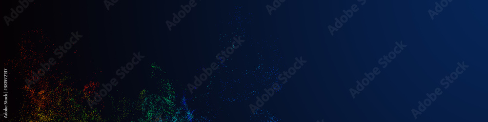 Abstract colourful particles explosion on blue background.