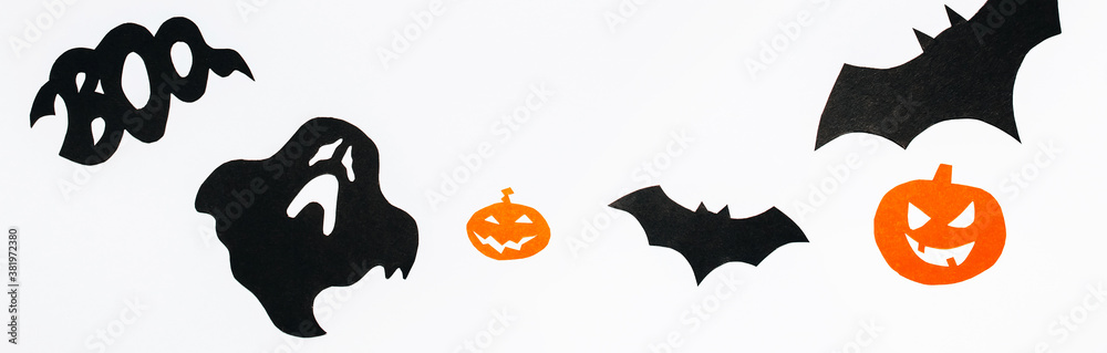 Happy halloween holiday concept. Bats, pumpkins and ghosts on white isolated background Happy halloween holiday concept. Bats, pumpkins and ghosts on white isolated background