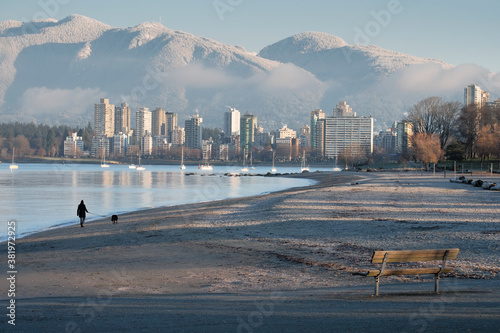 Winter Morning on Beach with Snow on the Mountains