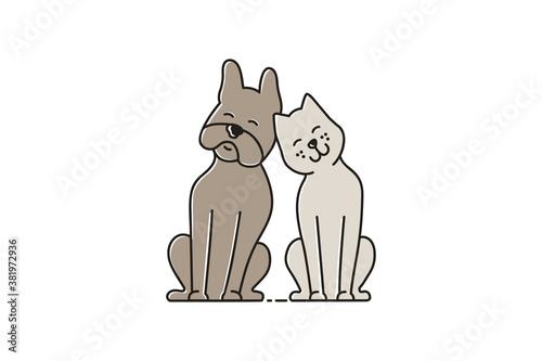 The dog and cat clung to each other. Cute pets vector illustration in cartoon style.
